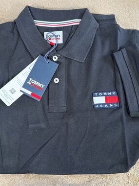 Tommy Hilfiger Black Polo Shirt with Red & White Logo Patch